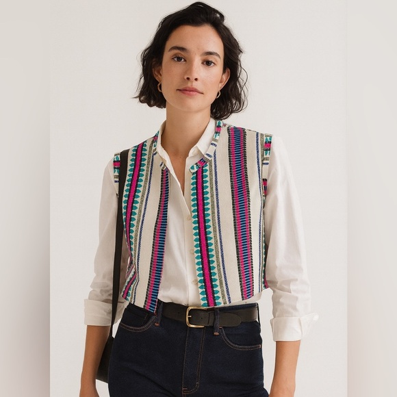 Renata Gasparian woven open front cropped vest one size artsy southwestern Aztec - Picture 1 of 5